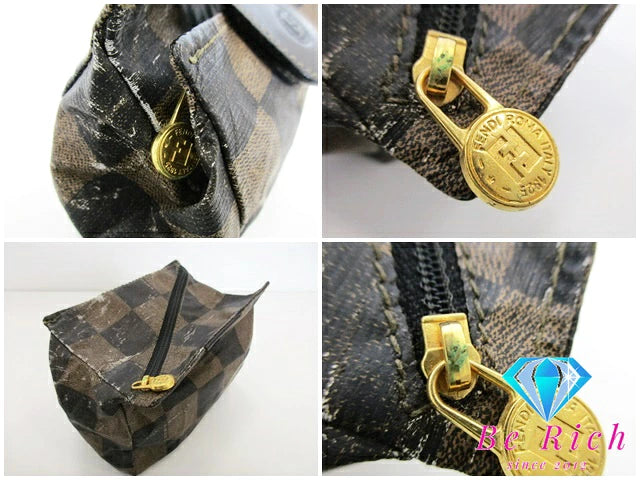 フェンディ FENDI ポーチ ブロック チェック PVC レザー 茶 カーキ ロゴ アクセサリー 化粧 コスメ ヴィンテージ 小物 【中古】【送料無料】 bc1726