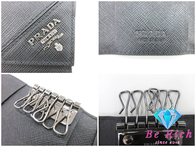プラダ PRADA 6連 キーケース サフィアーノ レザー ブラック 黒 ロゴ キーホルダー アクセサリー 小物 【中古】【送料無料】 bc1930