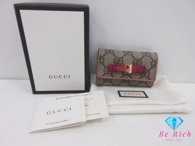 グッチ GUCCI 6連 キーケース 388682 GG スプリーム リボン ベージュ オレンジ ピンク コーティング キャンバス レザー ロゴ キーリング キーホルダー アクセサリー 小物 【中古】【送料無料】 bc2239