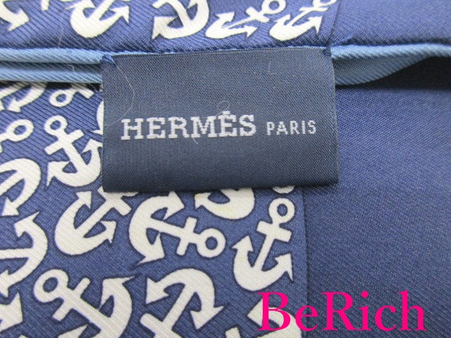 エルメス HERMES ストール アンカー 錨 総柄 ロゴ 紺 ネイビー 白 ホワイト シルク 絹 大判 スカーフ 巻物 婦人 レディース 【中古】【送料無料】 bh2089