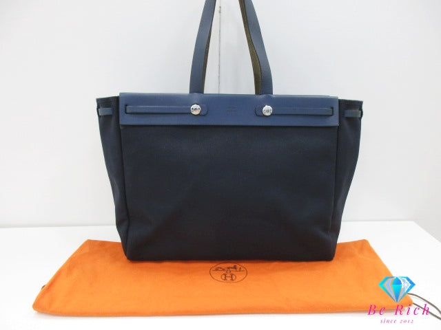 エルメス HERMES ハンドバッグ エールバッグ カバス GM □F 刻印 紺 ネイビー キャンバス レザー ロゴ 替え 2way 鞄 【中古】【送料無料】 bk10226