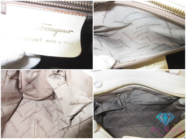 フェラガモ Salvatore Ferragamo ガンチーニ 2way ハンドバッグ ストラップなし AQ-21 0167 アイボリー ゴールド レザー ロゴ 鞄 手提げ 【中古】【送料無料】 bk10693