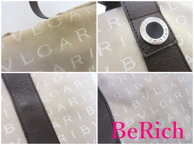 ブルガリ BVLGARI トートバッグ ロゴマニア ベージュ キャンバス レザー ハンドバッグ ショルダーバッグ 鞄 【中古】【送料無料】 bk8305