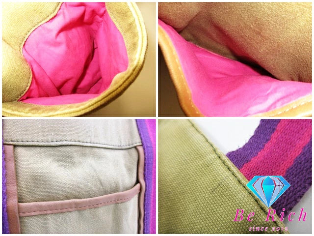 トリーバーチ ミラー キャンバス トートバッグ カーキ ピンク レザーハンドバッグ TORY BURCH 【中古】【送料無料】 bk8608