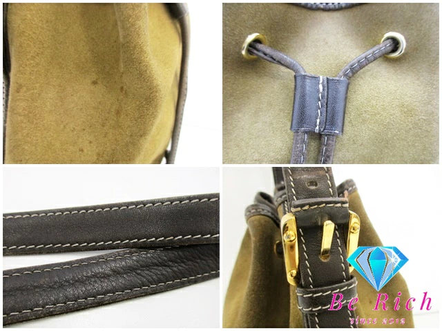 ロエベ LOEWE 巾着 ショルダーバッグ カーキ ブラウン 茶 スエード レザー ロゴ 手提げ 肩掛け 鞄 【中古】【送料無料】 bk8704