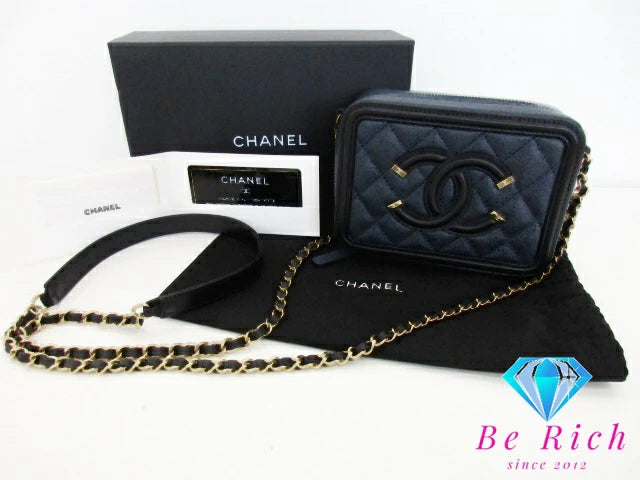 美品 シャネル CHANEL フィリグリー ミニ チェーン ショルダーバッグ A84452 レザー キャビア スキン 黒 ブラック ネイビー ココマーク CC ロゴ 斜め掛け 鞄 【中古】【送料無料】 bk9212