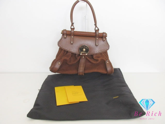 フェンディ FENDI ボルサ マジック ハンドバッグ 8BN143 パイソン 型押し ブラウン 茶 スエード レザー ロゴ ショルダーバッグ 鞄 【中古】【送料無料】 bk9585