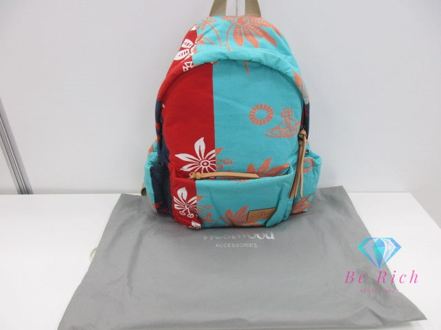 ヴィヴィアン ウエストウッド バックパック リュック ブルー 水色 マルチカラー コットン レザー フラワー オーブ Vivienne Westwood 【中古】【送料無料】 bk9954