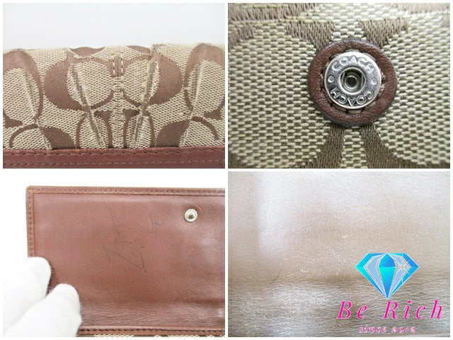 コーチ COACH 三つ折り財布 長財布 42814 プリーテッド シグネチャー チェックブック 付 キャンバス レザー ロゴ 二つ折り財布 ロング ウォレット 【中古】【送料無料】bs2966