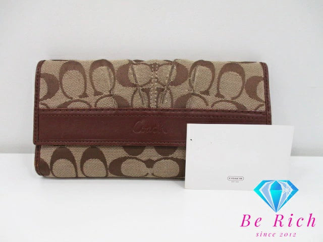 コーチ COACH 三つ折り財布 長財布 42814 プリーテッド シグネチャー チェックブック 付 キャンバス レザー ロゴ 二つ折り財布 ロング ウォレット 【中古】【送料無料】bs2966