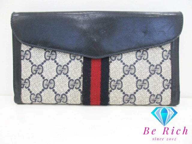 グッチ GUCCI Wホック 長財布 GG ネイビー 紺 シェリー ウェブ ロゴ PVC キャンバス レザー 二つ折り財布 ロング ウォレット オールド ヴィンテージ 【中古】【送料無料】 bs3227