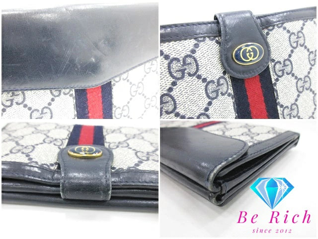 グッチ GUCCI Wホック 長財布 GG ネイビー 紺 シェリー ウェブ ロゴ PVC キャンバス レザー 二つ折り財布 ロング ウォレット オールド ヴィンテージ 【中古】【送料無料】 bs3227