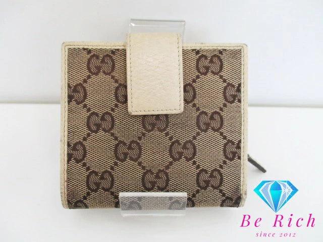 グッチ GUCCI Wホック 二つ折り財布 146568 GG カーキ アイボリー キャンバス レザー ロゴ コンパクト ウォレット 【中古】【送料無料】bs3336
