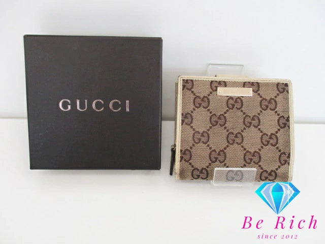 グッチ GUCCI Wホック 二つ折り財布 146568 GG カーキ アイボリー キャンバス レザー ロゴ コンパクト ウォレット 【中古】【送料無料】bs3336