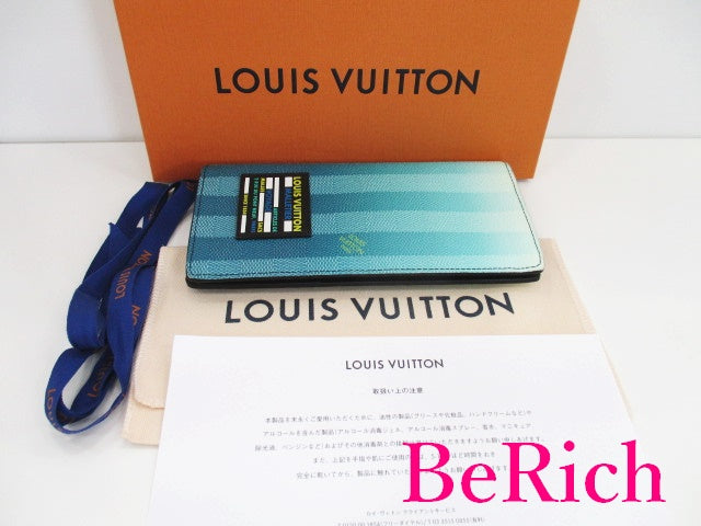 ルイ ヴィトン LOUIS VUITTON メンズ 長財布 ダミエ ストライプ ポルト フォイユ ブラザ M81318 LV ロゴ 二つ折り財布 ブルー 水色 ロング ウォレット 【中古】【送料無料】 bs3386