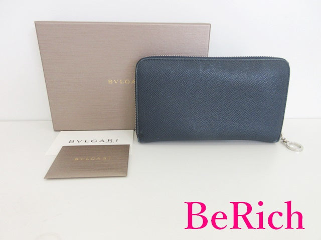 ブルガリ BVLGARI ラウンドファスナー 長財布 284115 ネイビー 紺 レザー ロゴ 二つ折り財布 ロング ウォレット 【中古】【送料無料】 bs3395