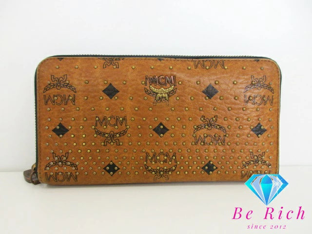 ▲エムシーエム　スタッズ付 ラウンドファスナー長財布 ヴィセトス キャメル系 △エムシーエム スタッズ付 ラウンドファスナー長財布 ヴィセトス