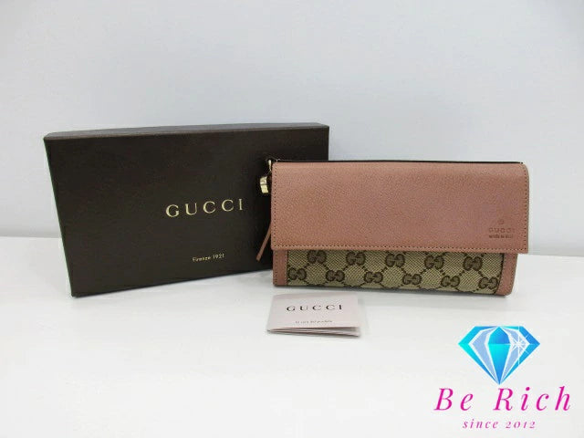 美品 グッチ GUCCI 二つ折り 長財布 323396 GG キャンバス 茶 ブラウン ベージュピンク ロゴ レザー ロング ウォレット 【中古】【送料無料】bs3622