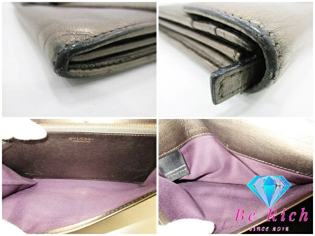 ブルガリ BVLGARI 二つ折り財布 長財布 35169 チャンドラ カーキ レザー ロゴ ロング ウォレット 【中古】【送料無料】 bs3640