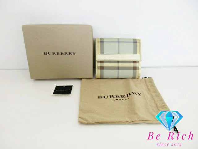 バーバリー BURBERRY Wホック 財布 チェック ベージュ イエロー ブルー ナイロン レザー ロゴ 札入れ 小銭入れ 二つ折り財布 中財布 ミディアム コンパクト ウォレット 【中古】【送料無料】 bs3687