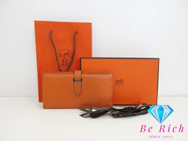 エルメス HERMES 二つ折り財布 長財布 ベアン スフレ □L 刻印 オレンジ ヴォー エプソン レザー H ロゴ シルバー 金具 ロング ウォレット 【中古】【送料無料】 bs3724