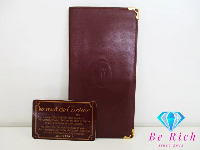 カルティエ Cartier メンズ 二つ折り財布 長財布 札入れ マスト ライン ボルドー レザー ロゴ ロング ウォレット 小銭入れなし 【中古】【送料無料】 bs3731