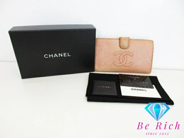 シャネル CHANEL がま口 二つ折り財布 A13497 ピンク キャビアスキン レザー ココ マーク ロゴ 中財布 ミディアム ロング ウォレット 長財布 【中古】【送料無料】 bs3748