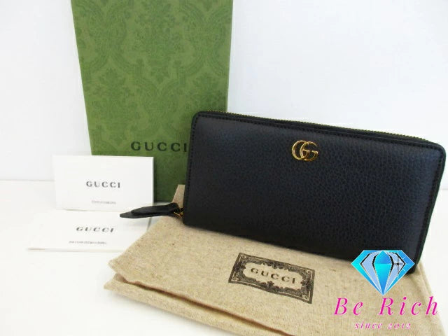 グッチ GUCCI ラウンド ファスナー 長財布 456117 GG マーモント ブラック 黒 レザー ロゴ 二つ折り財布 ロング ウォレット 【中古】【送料無料】 bs3806