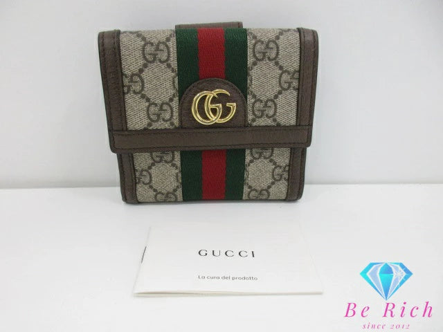 グッチ GUCCI オフィディア フレンチ フラップ ウォレット Wホック 二つ折り財布 523173 エボニー シェリー ウェブ GG スプリーム ロゴ PVC レザー ベージュ ブラウン 茶 三つ折り財布 コンパクト ミニ 【中古】【送料無料】 bs3994