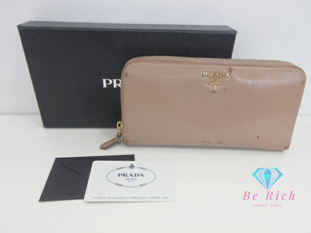 プラダ PRADA ラウンド ファスナー 長財布 1ML506 サフィアーノ レザー ピンク ベージュ ロゴ 二つ折り財布 ロング ウォレット 【中古】【送料無料】bs4028