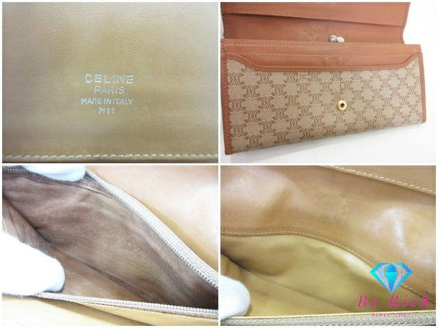 セリーヌ CELINE 二つ折り財布 長財布 がま口 小銭入れ マカダム ベージュ ブラウン 茶 PVC レザー ブラゾン ロゴ ロング ウォレット 【中古】【送料無料】 bs4059