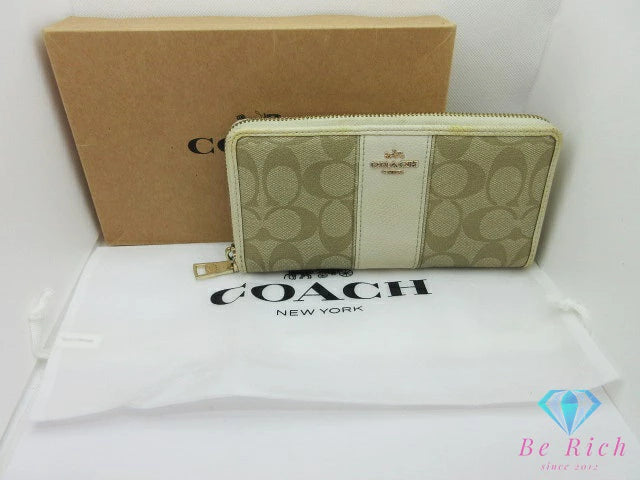 コーチ COACH ラウンド ファスナー 長財布 F52859 シグネチャー ベージュ ホワイト 白 PVC レザー ロゴ 二つ折り財布 ロング ウォレット 【中古】【送料無料】 bs4158