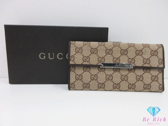 グッチ GUCCI Wホック 長財布 112715 GG ベージュ 茶 ブラウン キャンバス レザー ロゴ 二つ折り財布 ロング ウォレット 【中古】【送料無料】bs4396
