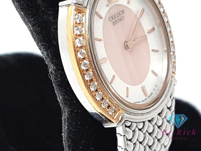 セイコー クレドール SEIKO CREDOR K18 YG ダイヤ ベゼル レディース 腕時計 5A70-3000 白 ホワイト ピンク シルバー SS ブレス クォーツ QZ アナログ ウォッチ 【中古】【送料無料】 bt3404