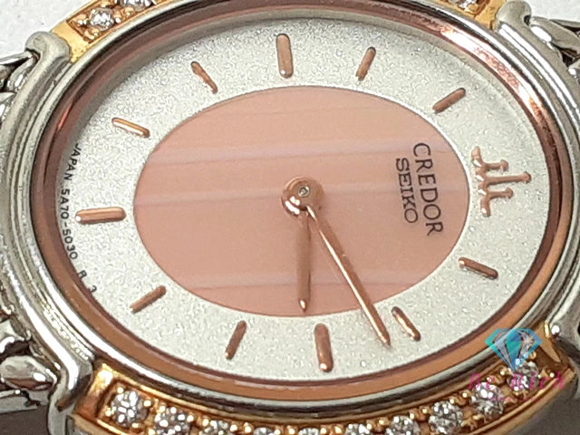 セイコー クレドール SEIKO CREDOR K18 YG ダイヤ ベゼル レディース 腕時計 5A70-3000 白 ホワイト ピンク シルバー SS ブレス クォーツ QZ アナログ ウォッチ 【中古】【送料無料】 bt3404