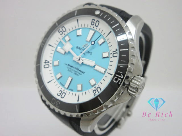 美品 ブライトリング BREITLING スーパー オーシャン 44 A17376 自動巻き メンズ 腕時計 デイト ホワイト ライト ブルー ブラック SS ラバー ブレス アナログ オートマ AT ウォッチ Super Ocean 水色 黒 【中古】【送料無料】 bt3495
