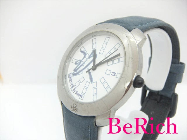 ブローバ BULOVA ベネトン BENETTON メンズ 腕時計 白 ホワイト 文字盤 SS 青 ブルー レザー アナログ QZ クォーツ ウォッチ 【中古】【送料無料】 ht3917