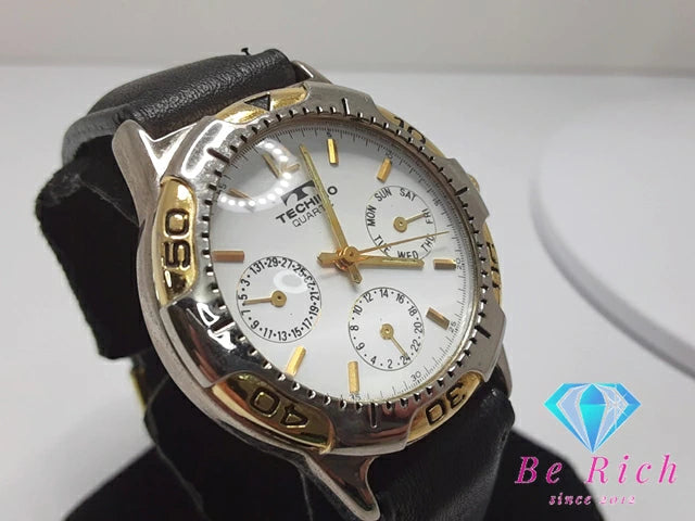TECHINO メンズ 腕時計 白 ホワイト 黒 ブラック SS レザー ブレス アナログ クォーツ QZ ウォッチ 【中古】【送料無料】 ht4767