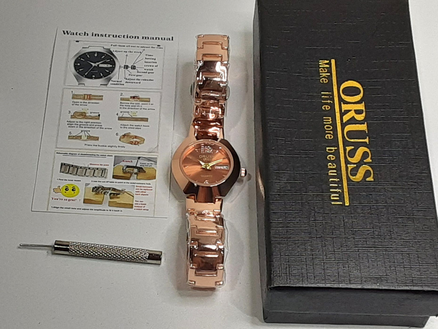 ORUSS レディース 腕時計 デイデイト ブロンズ ゴールド SS GP ブレス アナログ クォーツ QZ ウォッチ 【中古】【送料無料】 ht5496