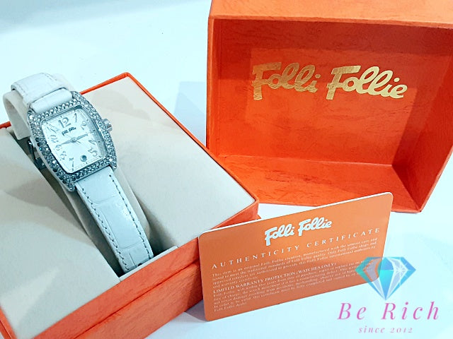 フォリフォリ Folli Follie レディース 腕時計 デイト S922ZI ラインストーン トノー シルバー ホワイト 白 SS レザー ブレス アナログ クォーツ QZ ウォッチ 【中古】【送料無料】 ht5782