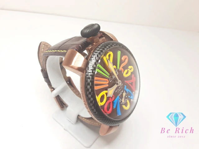 ガガミラノ GAGA MILANO マヌアーレ 48 MM 手巻き メンズ 腕時計 5016.5 500本 限定 茶 ブラウン カーボン SS GP レザー ブレス アナログ ウォッチ 【中古】【送料無料】 ht5993
