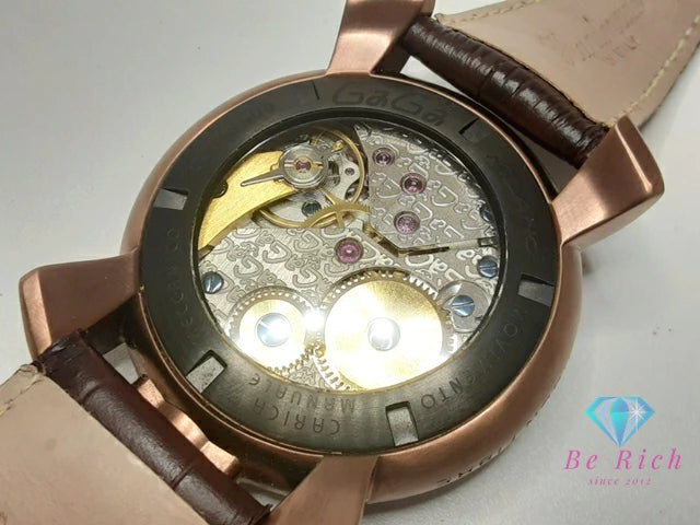 ガガミラノ GAGA MILANO マヌアーレ 48 MM 手巻き メンズ 腕時計 5016.5 500本 限定 茶 ブラウン カーボン SS GP レザー ブレス アナログ ウォッチ 【中古】【送料無料】 ht5993