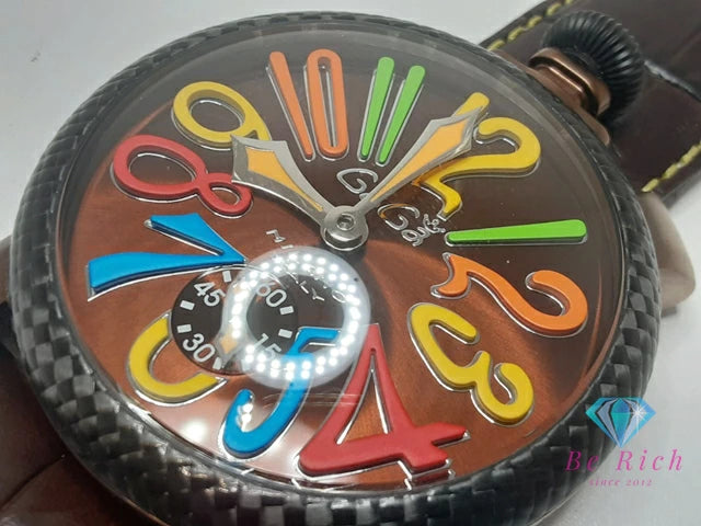 ガガミラノ GAGA MILANO マヌアーレ 48 MM 手巻き メンズ 腕時計 5016.5 500本 限定 茶 ブラウン カーボン SS GP レザー ブレス アナログ ウォッチ 【中古】【送料無料】 ht5993