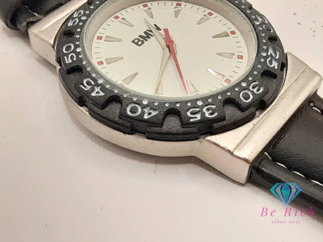 BMW メンズ 腕時計 白 ホワイト 黒 ブラック SS レザー ブレス ロゴ アナログ クォーツ QZ ウォッチ 【中古】【送料無料】 ht6089