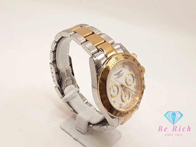 テクノス TECHNOS クロノグラフ メンズ 腕時計 TGM640 白 ホワイト シルバー ゴールド SS ブレス アナログ クオーツ QZ ウォッチ 【中古】【送料無料】 ht6355