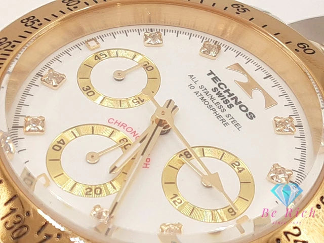 テクノス TECHNOS クロノグラフ メンズ 腕時計 TGM640 白 ホワイト シルバー ゴールド SS ブレス アナログ クオーツ QZ ウォッチ 【中古】【送料無料】 ht6355