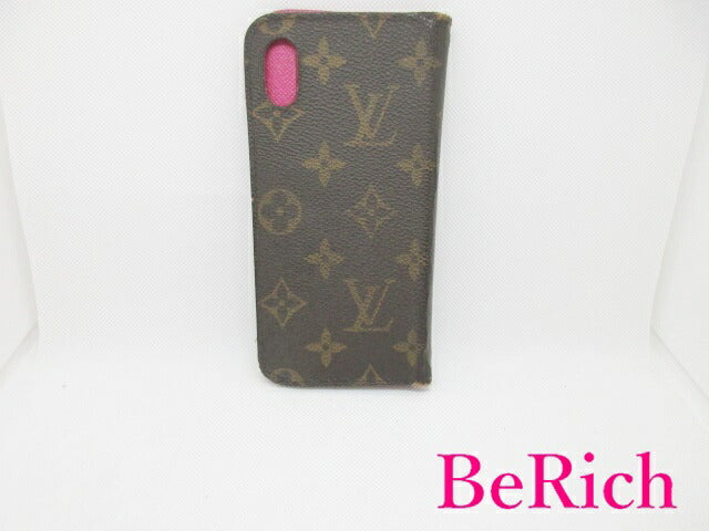 ルイ ヴィトン LOUIS VUITTON iPhone X XS ケース カバー モノグラム フォリオ M63444 茶 ブラウン ローズ ピンク スマホ アイフォン 手帳 タイプ アクセサリー 小物 【中古】【送料無料】bc1823