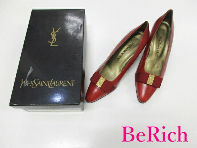 イヴ サンローラン YVES SAINT LAURENT パンプス SH6049 23.5cm リボン モチーフ 赤 レッド ゴールド キャンバス レザー YSL ロゴ 靴 【中古】【送料無料】bh2190