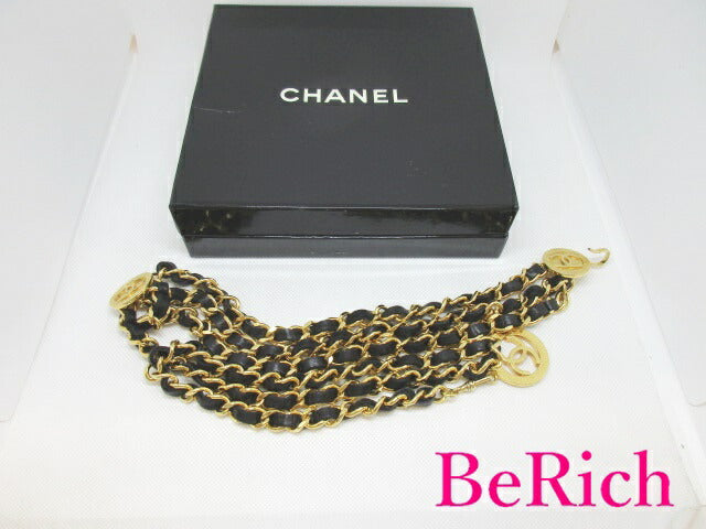 シャネル CHANEL 3連 チェーン ベルト ココマーク ゴールド ブラック レザー メッキ CC ロゴ ベルト ヴィンテージ 小物 【中古】【送料無料】 bh2233