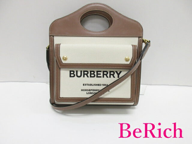美品 バーバリー BURBERRY ミニ ポケット バッグ 2way ショルダーバッグ ハンドバッグ 8039361 茶 ベージュ キャンバス レザー ロゴ 【中古】【送料無料】 bk8076